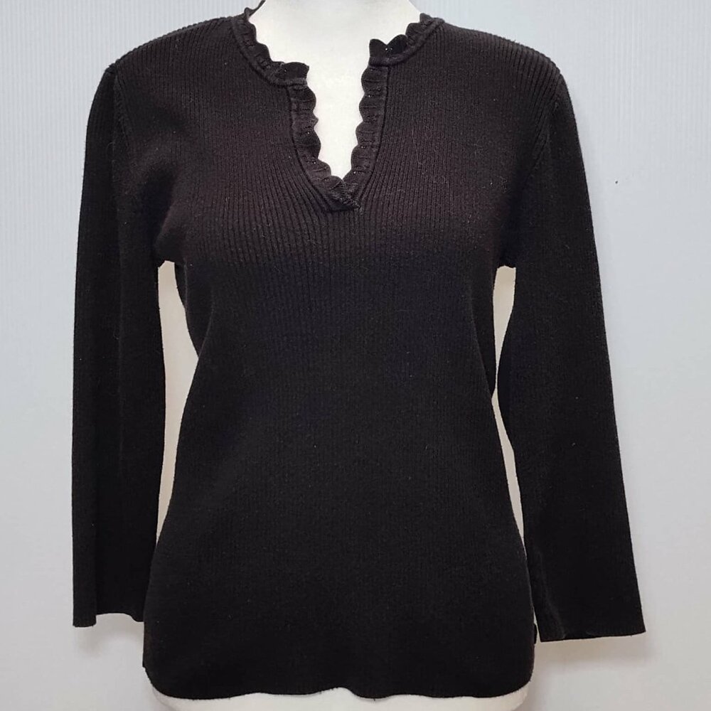 Calvin Klein Black lace trimmed split V-neck, 3 quarter sleeve ribbed top Size M